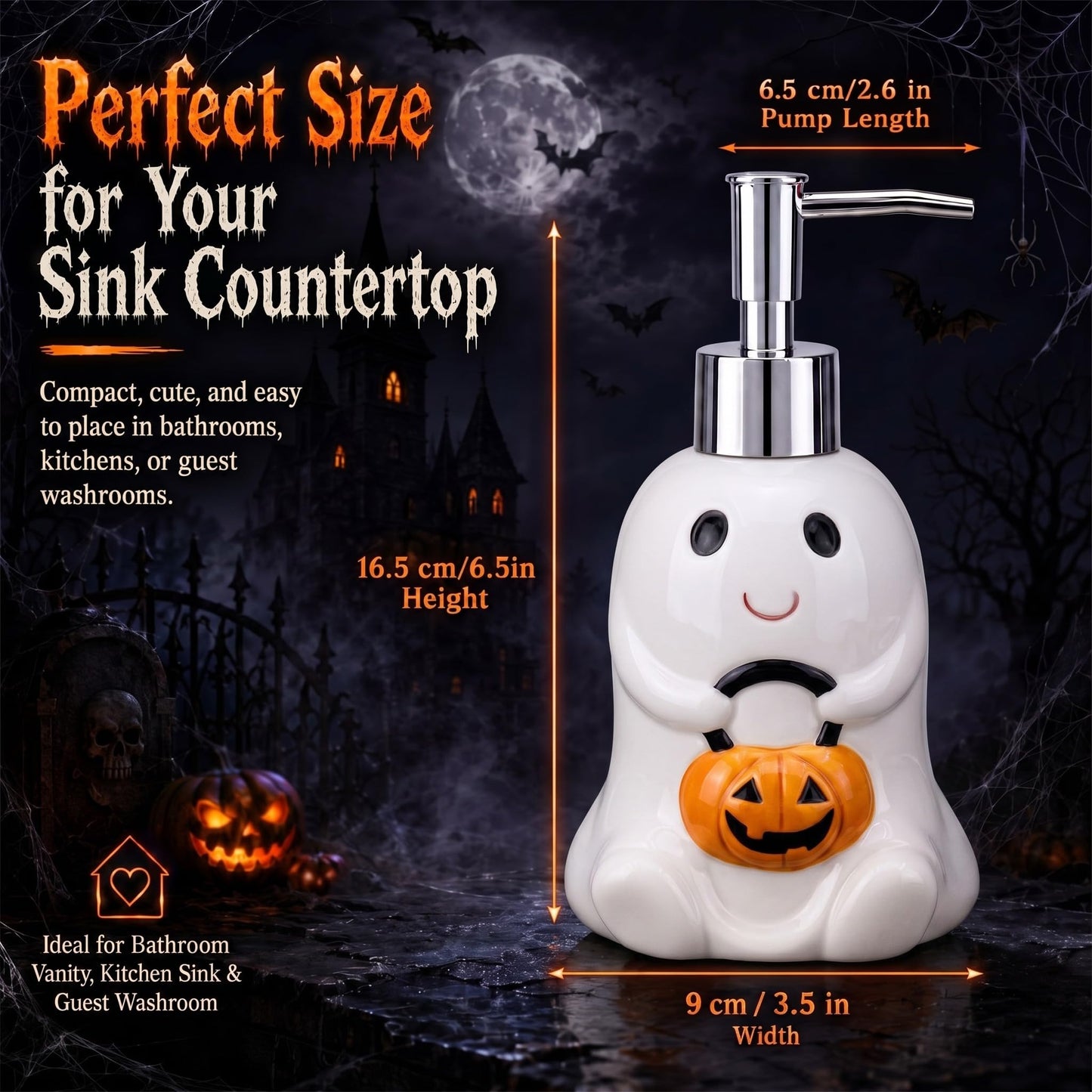 Potchen Halloween Soap Dispenser Ghost and Pumpkin Liquid Pump Ceramic Bath Accessories Bathroom Decor Holiday Collection Shaped Festive Touch for Countertop