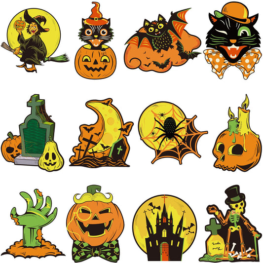 Containlol 12 Pieces Halloween Decorations Halloween Cutouts Classic Vintage Artwork Cutouts Pumpkin Witch Owl Old Style Wall Art Posters for Window Wall Home Decor Supplies