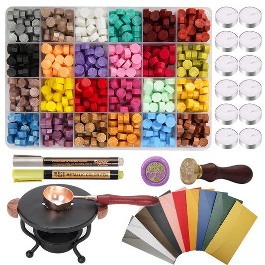 Wax Seal Stamp Kit, YIPLED 24 Colors 748 Pcs Sealing Wax Beads with Wax Seal Stamp, Tea Candles, Stamp Warmer, Melting Spoon, Envelopes and Metallic Pens, Wax Seal Kit for Birthday & Gift Decoration