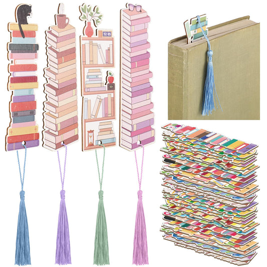 Kolldenn 60 Pcs Wooden Bookmarks for Book Lovers - 15 Designs With Tassel - Retro Bulk Bookmarks for Reading, Gifts for Men, Women, Teachers, Students - Birthday, Book Club, Party Favors