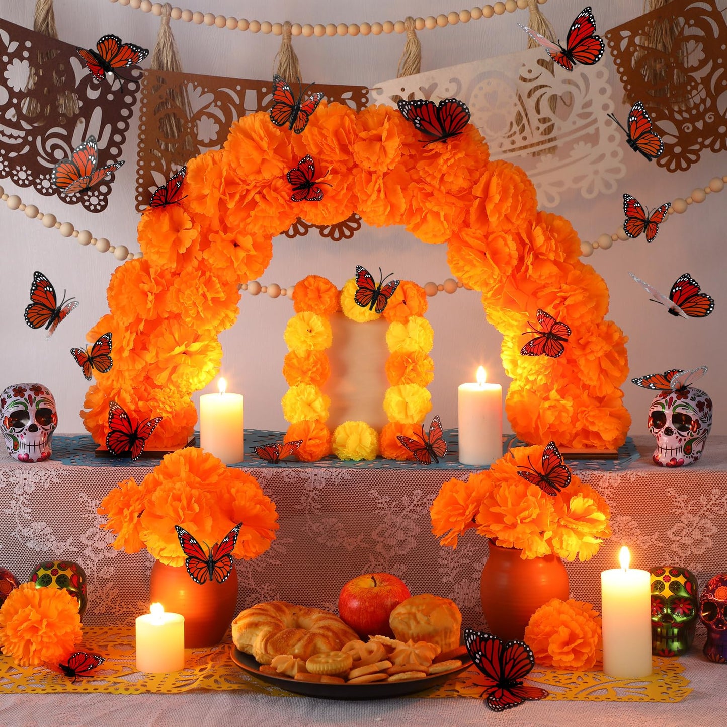 Yalikop 28 Pcs Day of The Dead Marigold Arch Kit Dia De Los Muertos Altar Decor Include Marigold Table Arch Garland with 15 Artificial Flower with Stem and 12 Pcs 3D Butterfly for Dia De Los Muertos