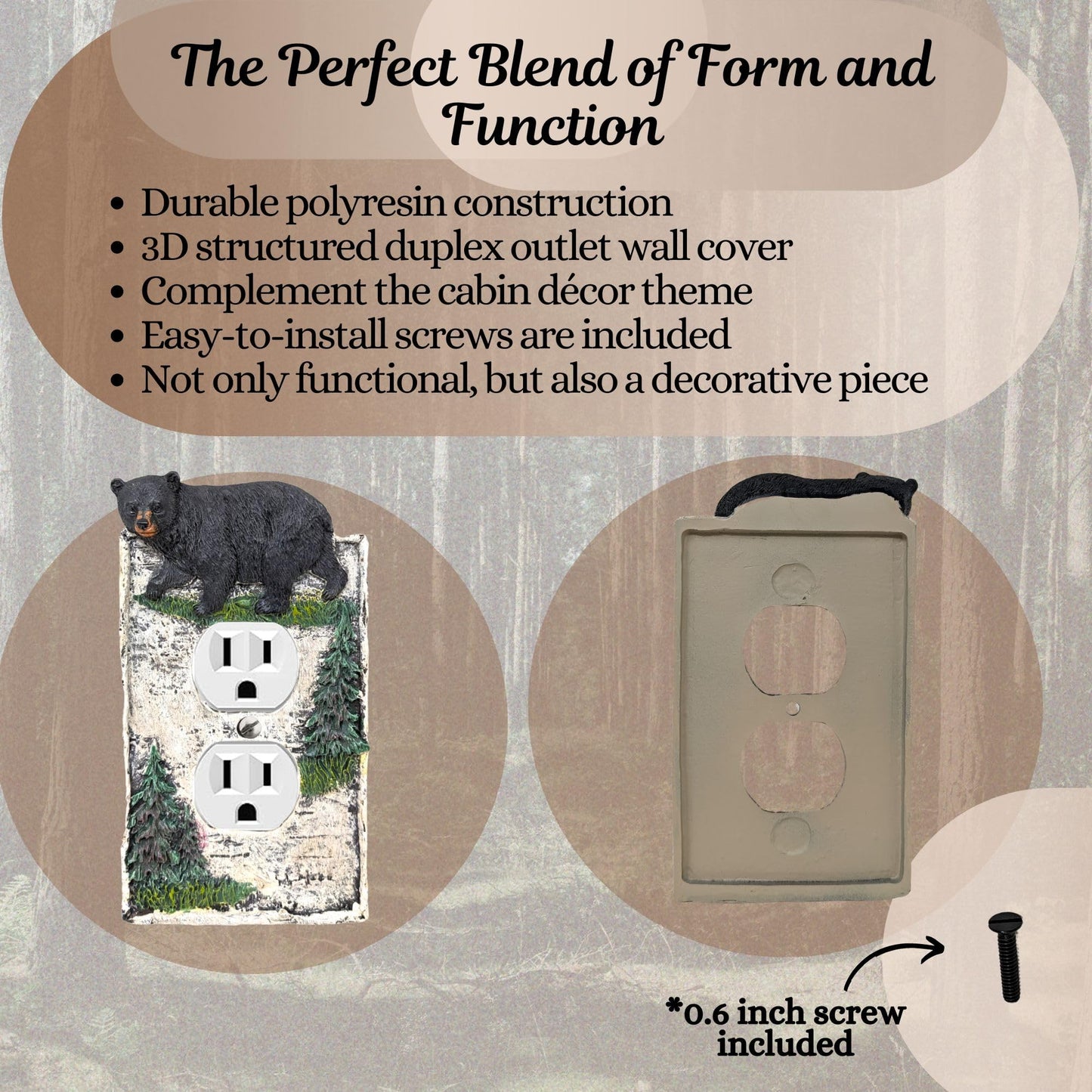 BestGiftEver Black Bear Duplex Outlet Cover with Pine Trees: Rustic Birch Tree Decorative Wall Plate - Woodland Nature-Inspired Home Decor - Rustic Cabin & Lodge Decor