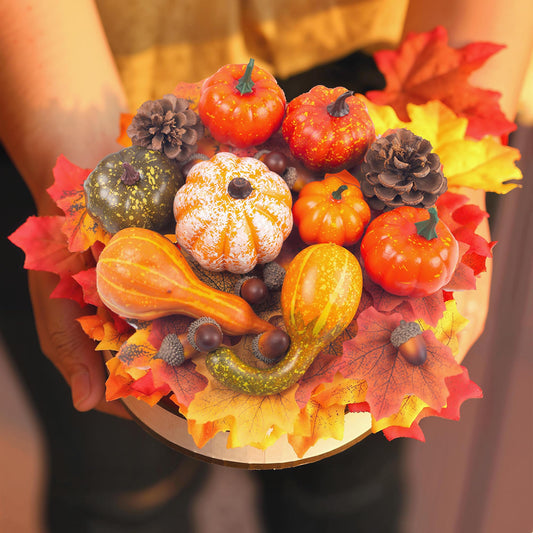 DomeStar Thanksgiving Mini Pumpkins, 8 Assorted Fake Pumpkins and Grounds 30 Maple Leaves 10 Acorns 2 Pine Cones Bowl Filler Fall Garland Wreath DIY Crafts for Harvest Table Centerpieces