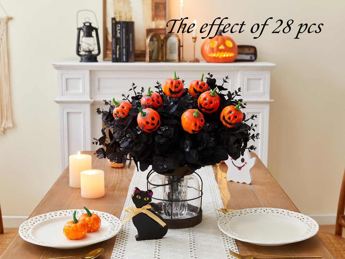 SITUMEIZI 14PCS Black Halloween Flowers Pumpkin Decorations Indoor Black Artificial Flower Fake Eucalyptus Branches Stems Halloween Table Centerpieces Decor