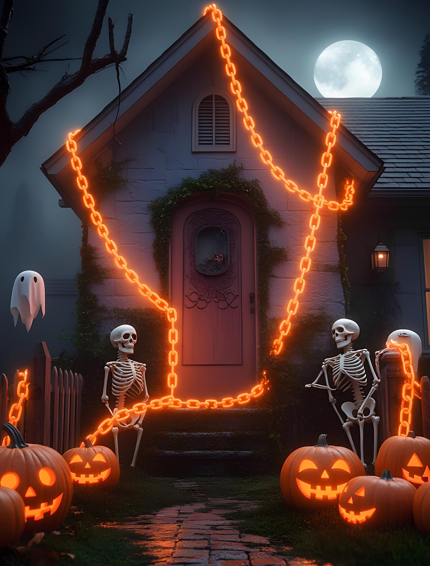Solar Halloween Decoration String Lights,10.5 FT 175LED Orange Plastic Chain Light with Memory Timer,Waterproof Solar Halloween Light for Yard,Haunted House,Skeleton Dog, Porch,Costume,Spooky,Party