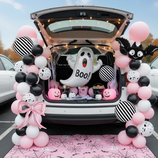 Spooky Halloween Balloon Garland Arch Kit Pink Black Balloons with 3D Bat Ghost Foil Balloons Spider Web for Girls Halloween Birthday Baby Shower BOO Day Party Decorations