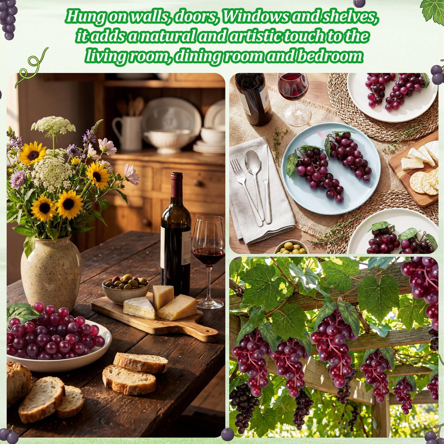 Wavyknot 24 Pcs Artificial Grape Rubber Fake Grapes Bunches with Vines Leaves Faux Lifelike Fruits Ornament for Wedding Outdoor Decoration Garden Home(Purple)