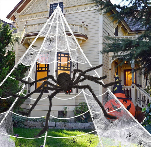 HKC 276" Giant Spider Web Halloween Decorations + 59" Hairy Spider +40g Stretch Cobweb+20 Small Spider,Fake Spider with Triangular Huge Web for Halloween Outdoor Indoor Decor Haunted House Porch Yard