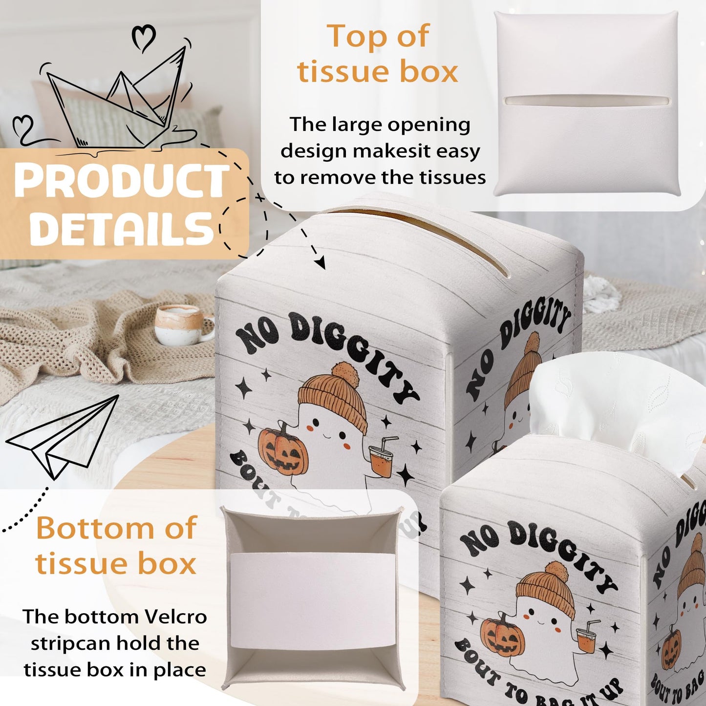 Halloween Tissue Box Holder, No Diggity Bout to Bag It Up Cute Ghost Leather Tissue Box Cover Square, Facial Paper Organizer Dispenser Toilet Paper Holder for Bathroom Kitchen Office Home Decor-A06