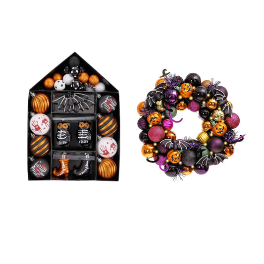 Valery Madelyn Halloween Decorations Value Bundle (2 Items), 40ct Halloween Ornaments Tree Decorations & Ball Wreath for Front Door with Lights for Holiday Party Indoor Home Decor