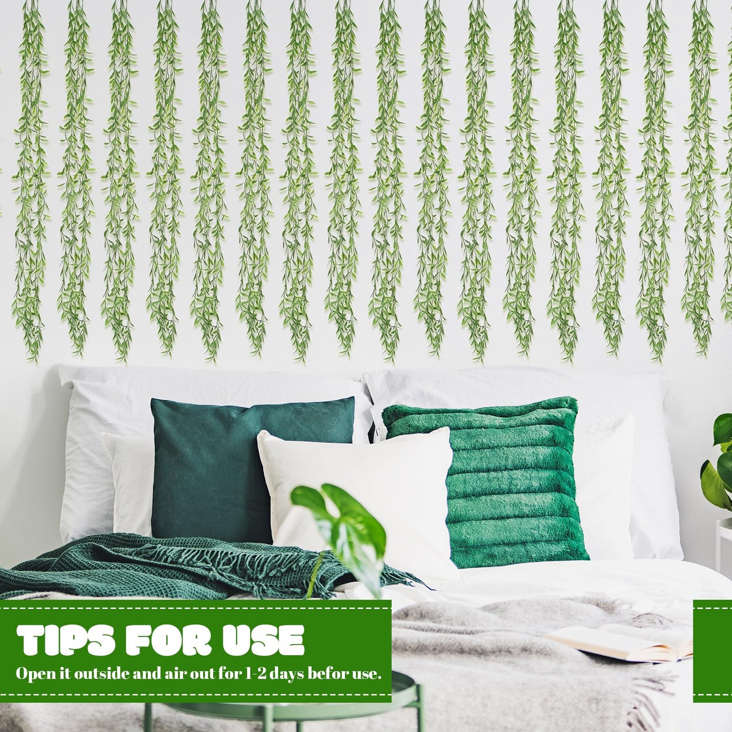 Riceshoot 24 Pcs Artificial Hanging Vines Fake Weeping Willow Leaves Decor Fake Seaweed Artificial Vines Greenery Garland for Wedding Party Backdrop Wall Decor Garden Patio Backyard (Dark Green)