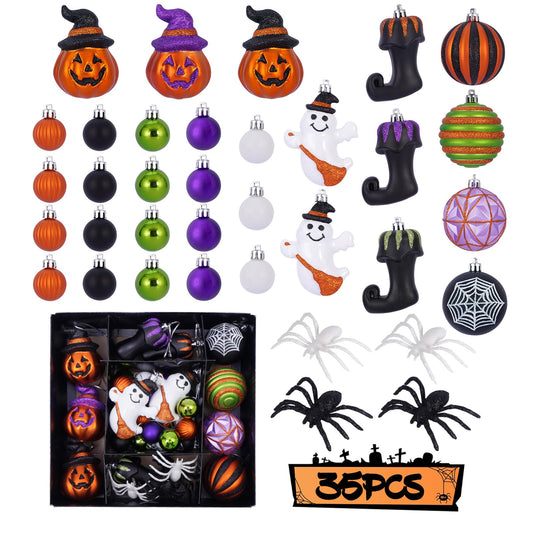 Fashlits Halloween Ball Ornaments Set, Shatterproof Halloween Tree Decorations Cute Pumpkim Ghost Spider Hanging Ornaments for Holiday Party Indoor Home Decor (35Pcs)