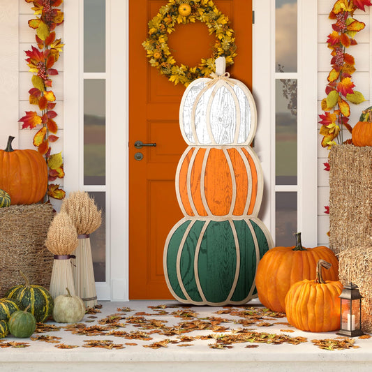 Thanksgiving Fall Stacked Pumpkins for Home Front Porch Decor 35 Inch Wood Pumpkin Outdoor Decor Thanksgiving Harvest Farmhouse Pumpkins Sign for Yard Front Door Garden Patio Outdoor(Three-d)