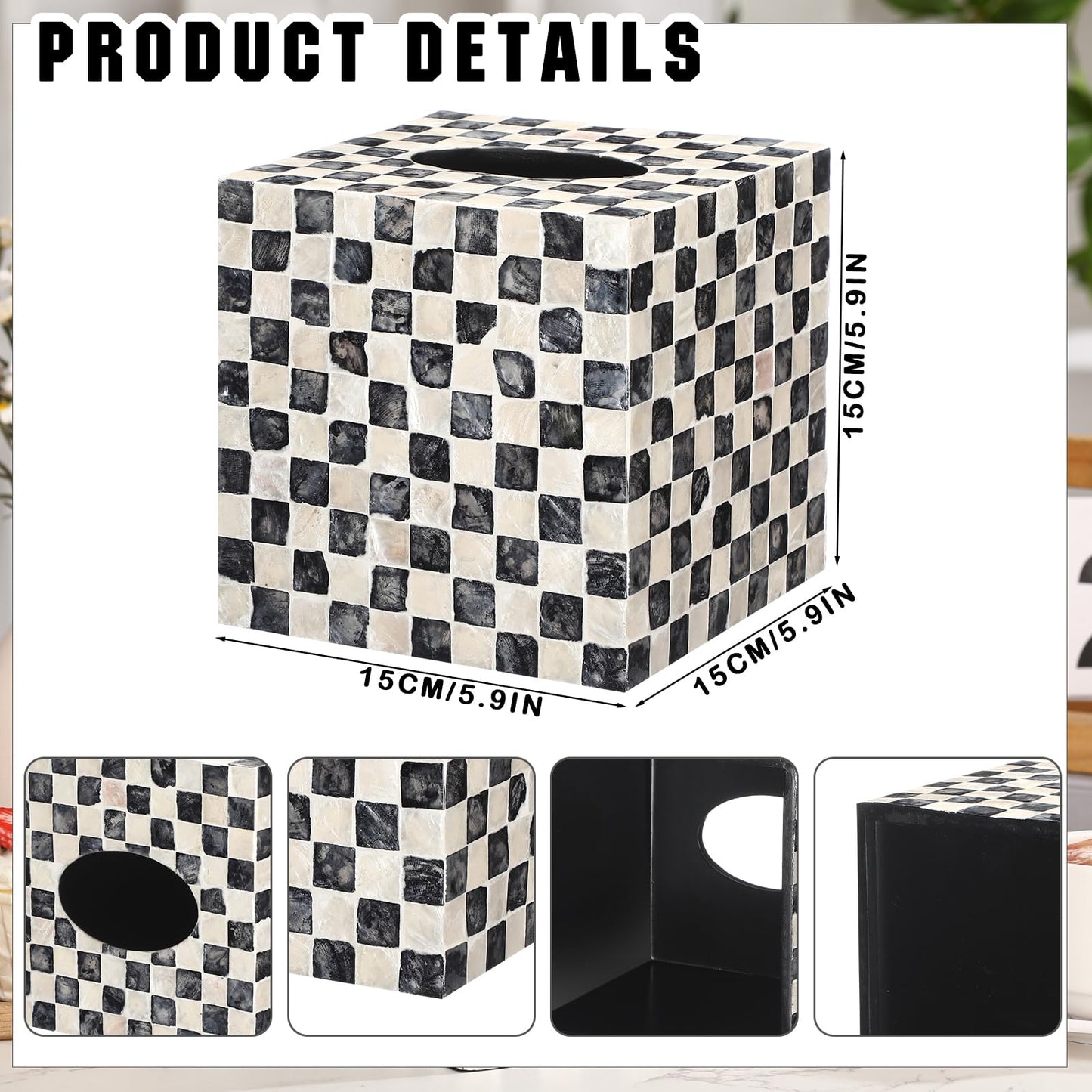 Reallnaive 5.9 Inch Cube Mother of Pearl Tissue Box Cover Ceramic Decorative Tissue Box Holder, Square Napkin Holder Rustic Napkin Dispenser Organizer for Table Bathroom Office(Black White Checkered)