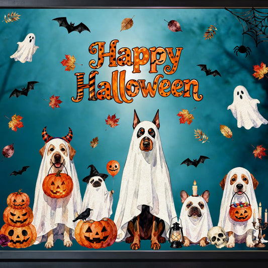 Whaline Extra Large Halloween Ghost Dog Window Clings Autumn Leaves Pumpkin Dog Bat Reusable Anti-Collision Windows Decor for Home Classroom Office Party Supplies, 4 Sheets