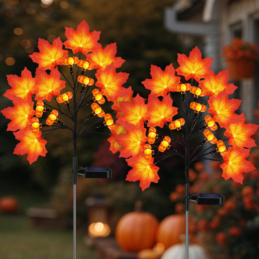 ReyeeInc Fall Solar Lights Outdoor, Solar Powered Fall Stake Lights with 20 Maple Leaf and 20 Pumpkin for Yard, Patio, Lawn, Garden, House, Home Outside Thanksgiving Harvest Decorations(2 Pack)