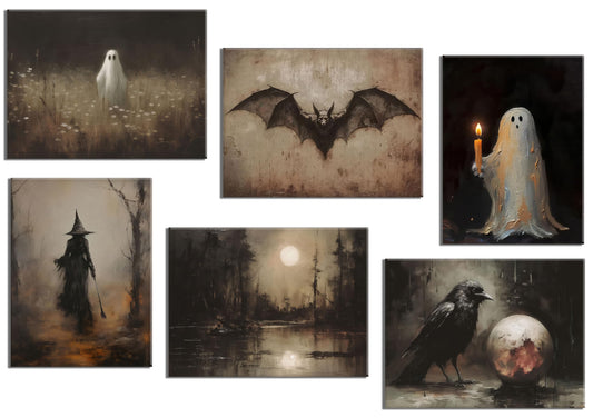 6Pcs Vintage Halloween Wall Art Victorian Raven Witch Painting Pictures Creepy Spooky Ghost Dark Academia Wall Decor Fall Horror Aesthetic Posters Prints Goth Dark Moody Farmhouse Canvas Framed