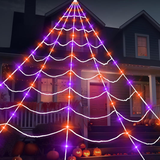 JOYIN Light-up Halloween Spider Web Decoration Outdoor, 19.7 x 14.7 FT Giant Triangular Web with LED Lights, Timer Cobweb Decor with 8 Lighting Modes for Indoor Yard Porch Haunted House Prop