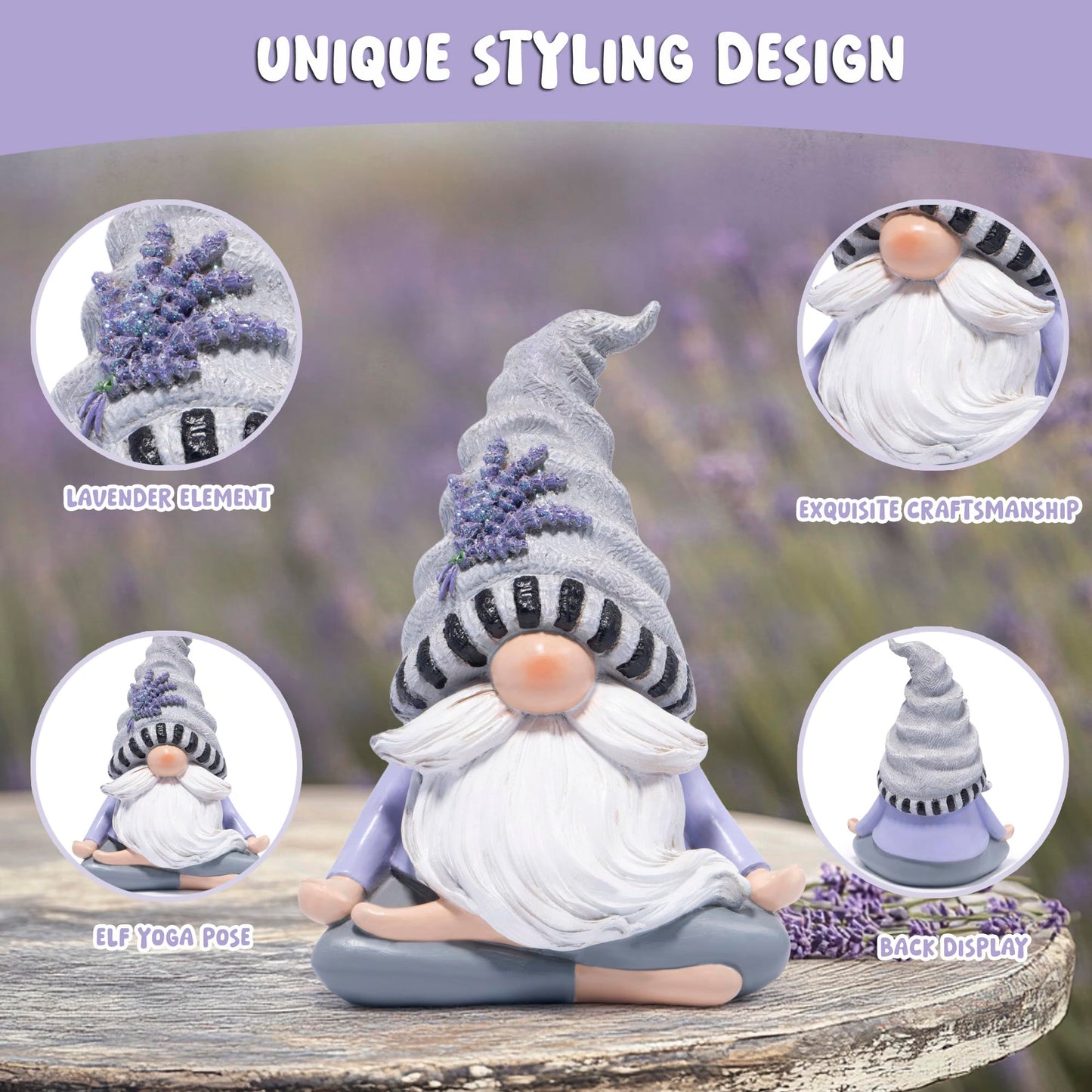 Hodao Zen Lavender Meditation Gnome Figurine - Yoga Inspired Home Decor for Relaxation & Serene Living Spaces Spring Yoga Lavender Gnome Decorations Calming Gifts for Women and Nature Lovers