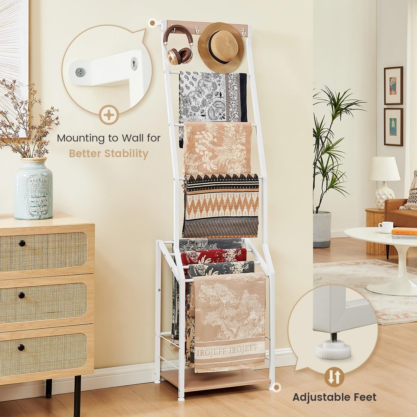 Pinzoveco Blanket Ladder, 7 Tier Blanket Ladders for The Living Room,Wooden Ladder Shelf with Hooks, 5.5ft Blanket Holder Rack Farmhouse Ladder Rack for Storage and Home Decor (White)
