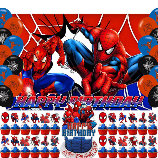 Spider Web Birthday Decorations Include Latex Balloon,Cupcake Topper, Happy Birthday Balloons,Backdrop Set for Boys Kids Cartoon Party Supplies