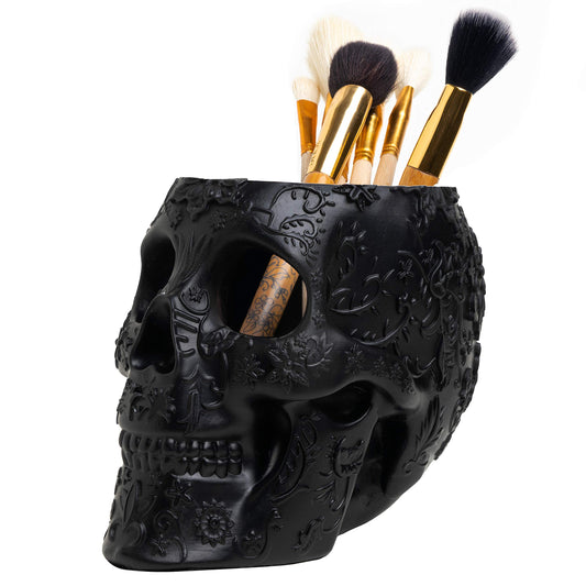 Skull Makeup Brush Holder, Pen Holder, Vanity, Desk, Office Organizer, Stationary, Decor Planter , Candy Bowl , Goth Decorations , Extra Large, Skulls Gothic Skull & Bones Organizer Bathroom (Black)
