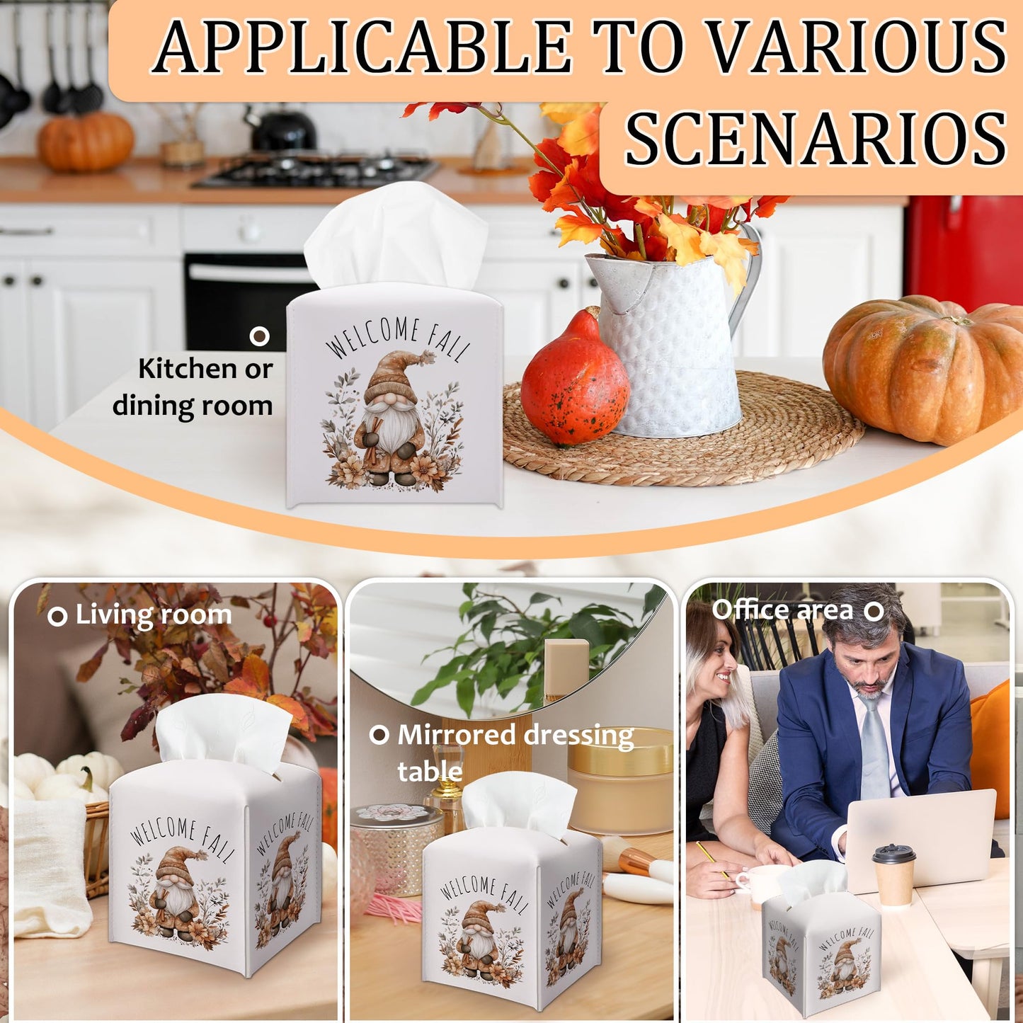Welcome Fall Leather Tissue Box Cover, Gnome Floral Printed Tissue Box Cover, Aesthetic Decor Tabletop Living Room Vanity Office Farmhouse, Thanksgiving & Housewarming Gift for Women, Minimalist-B23