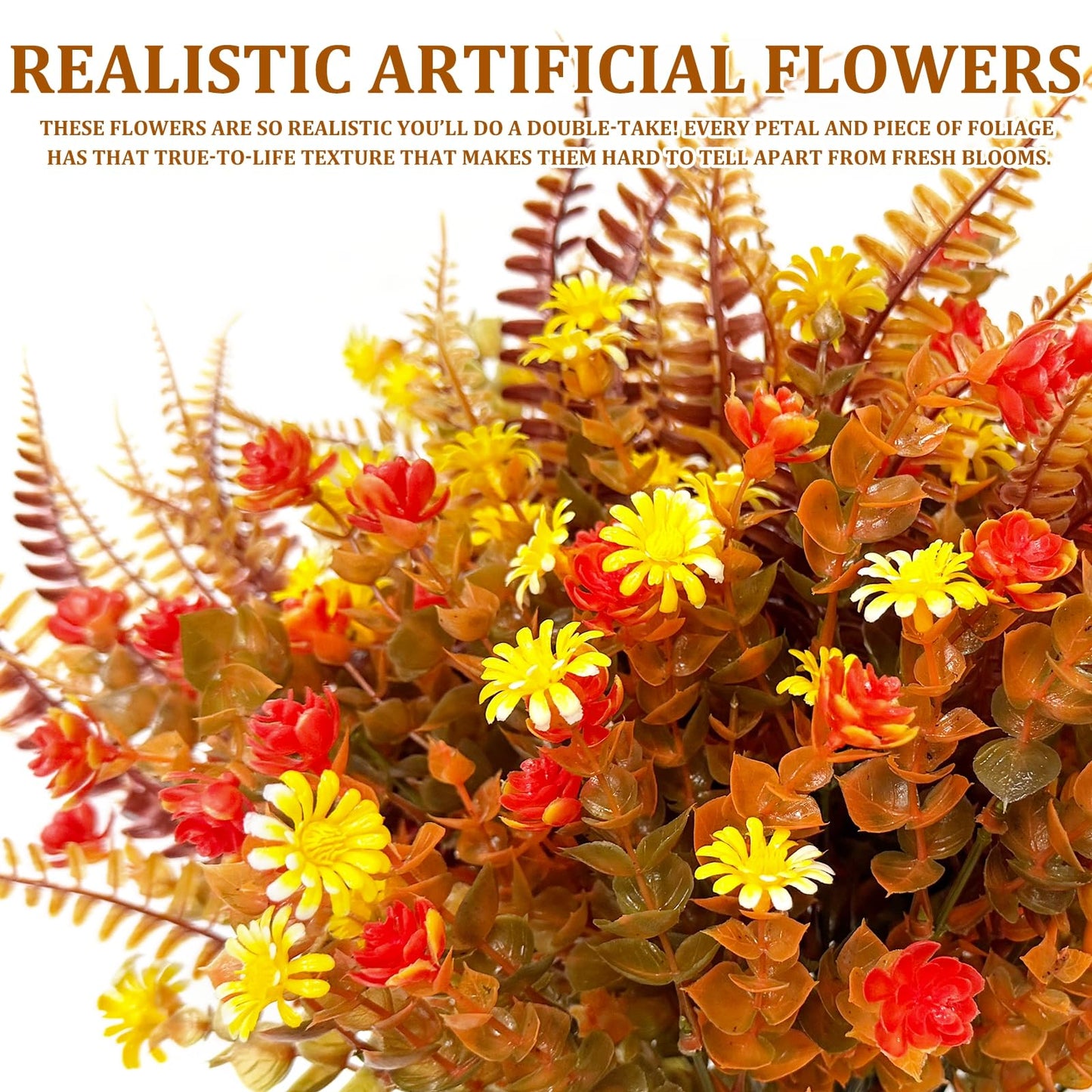 TURNMEON 12 Bundles Artificial Fall Flowers for Outdoors Fall Decorations, UV Resistant Fake Mums Faux Fall Plants Plastic Orange Boston Fern Eucalyptus Home Garden Porch Autumn Thanksgiving Decor