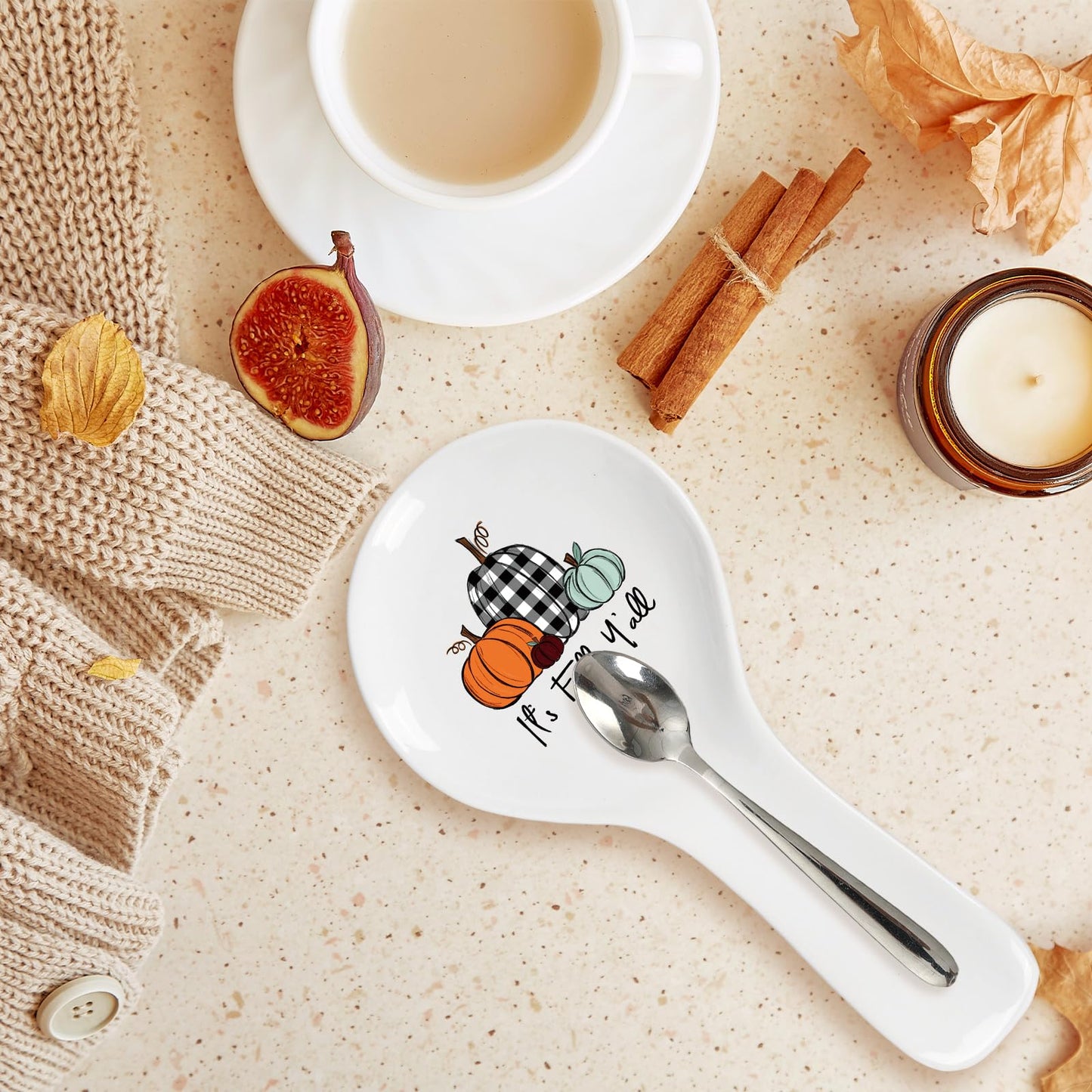 Whaline 9.4 Inch Fall Spoon Rest Orange Green Plaid Pumpkin Ceramic Utensil Rest Fall Y'all Cooking Spoon Holder for Autumn Thanksgiving Stove Top Kitchen Counter Decor