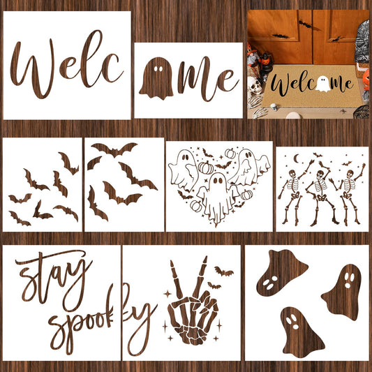 Frienda 9 Pcs Halloween Stencils for Door Mats Crafts Reusable Bat Skeleton Ghost Welcome Templates Large Spooky Stencil for Drawing DIY Painting on Wood Floor Doormat Crafts