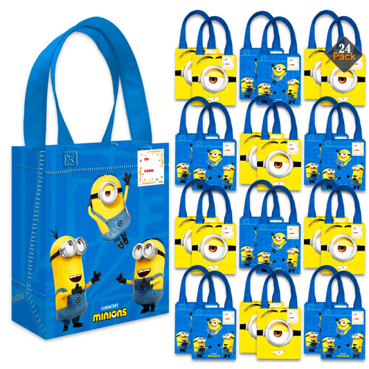 Minions Party Favor Bags Set – 24 Pack 8" Despicable Me Goodie Bags for Kids Bulk Reusable Mini Totes | Despicable Me Minions Birthday Party Supplies