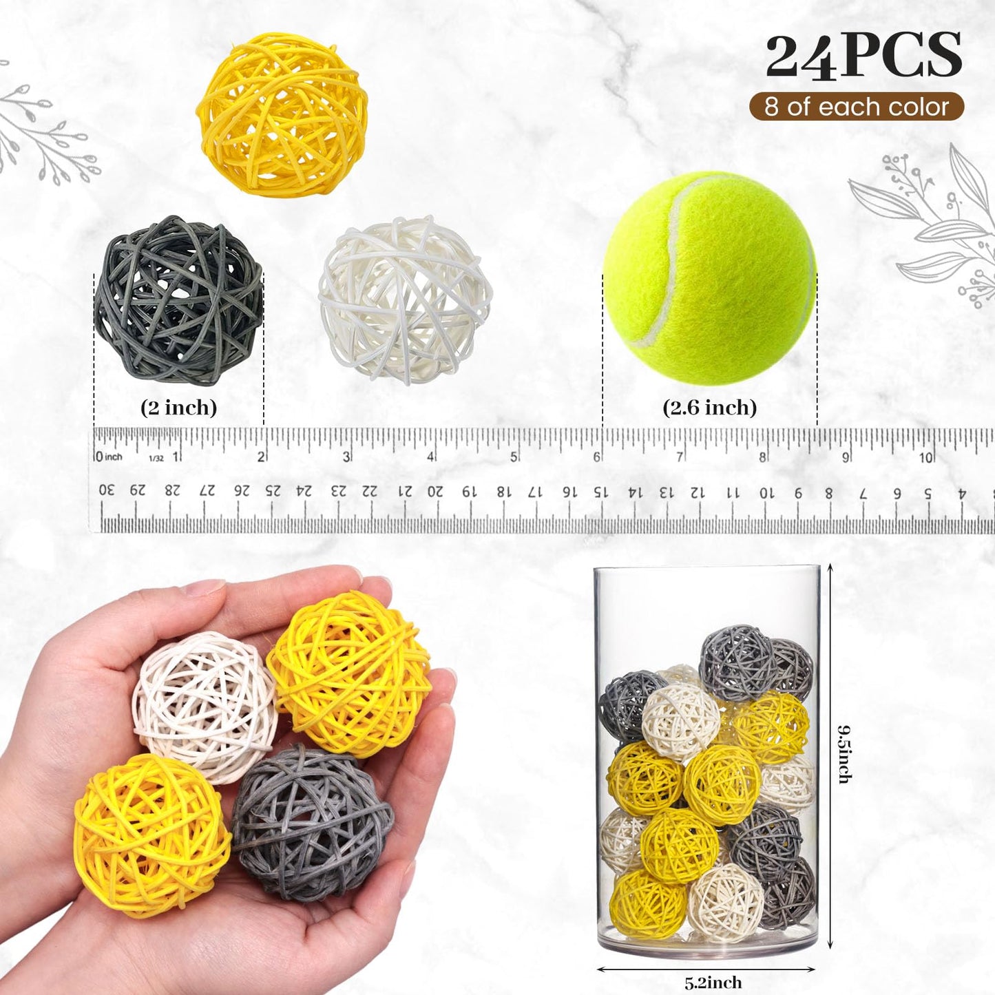 DomeStar 24PCS Yellow Decorative Balls for Bowl Centerpiece, 2 Inch Rattan Bowl Fillers - Wicker Twig Orbs Spheres for Yellow Kitchen Home Decor Vase Table Scatters