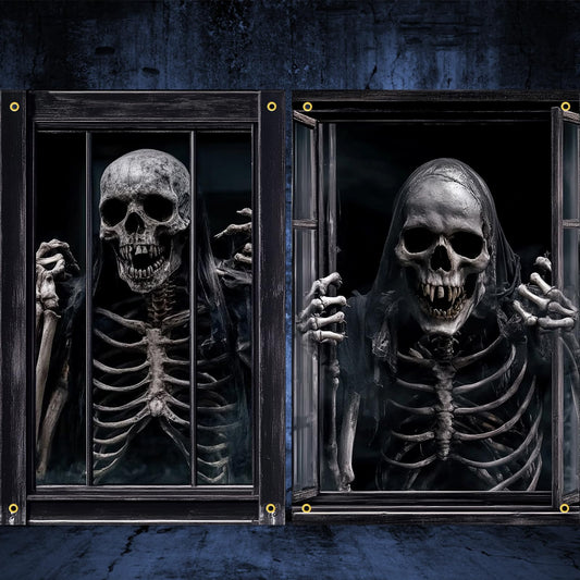 GRMIKBU 2 Pcs Scary Halloween Window Decorations - Ghost Silhouette Window Cover with Bloody Effects, Haunted House Curtain for Indoor Outdoor Horror Party Decoration(Scary)