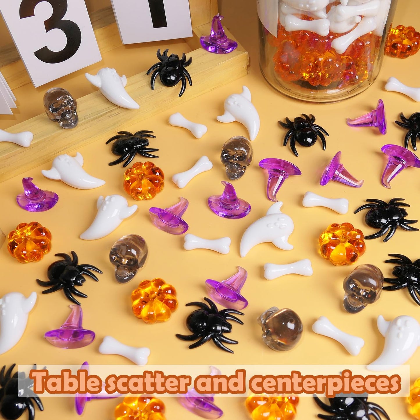 HADDIY Halloween Sensory Bin Filler,300 Pcs Mini Acrylic Pumpkin Ghost Skull Gems Vase Fillers for Halloween Centerpieces Table Decorations,Table Scatters Counting and Craft