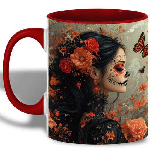 ANOVRA Day of the Dead Lady Mug, Dia de los Muertos Coffee Mug with Orange Rose Face Paint, Gothic Mexican Art Ceramic Cup, Gift for Halloween, Her, Friends, Celebration, 11oz