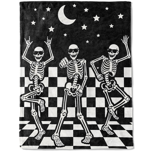 ainori Funny Skull Fleece Throw Blanket 50x60 Inch,Fun Dancing Skeleton Moon Star Checkerboard Decorative Throws,Soft Lightweight Blankets for Halloween Party Room Bedroom,Cozy Gifts for Teens Gamers