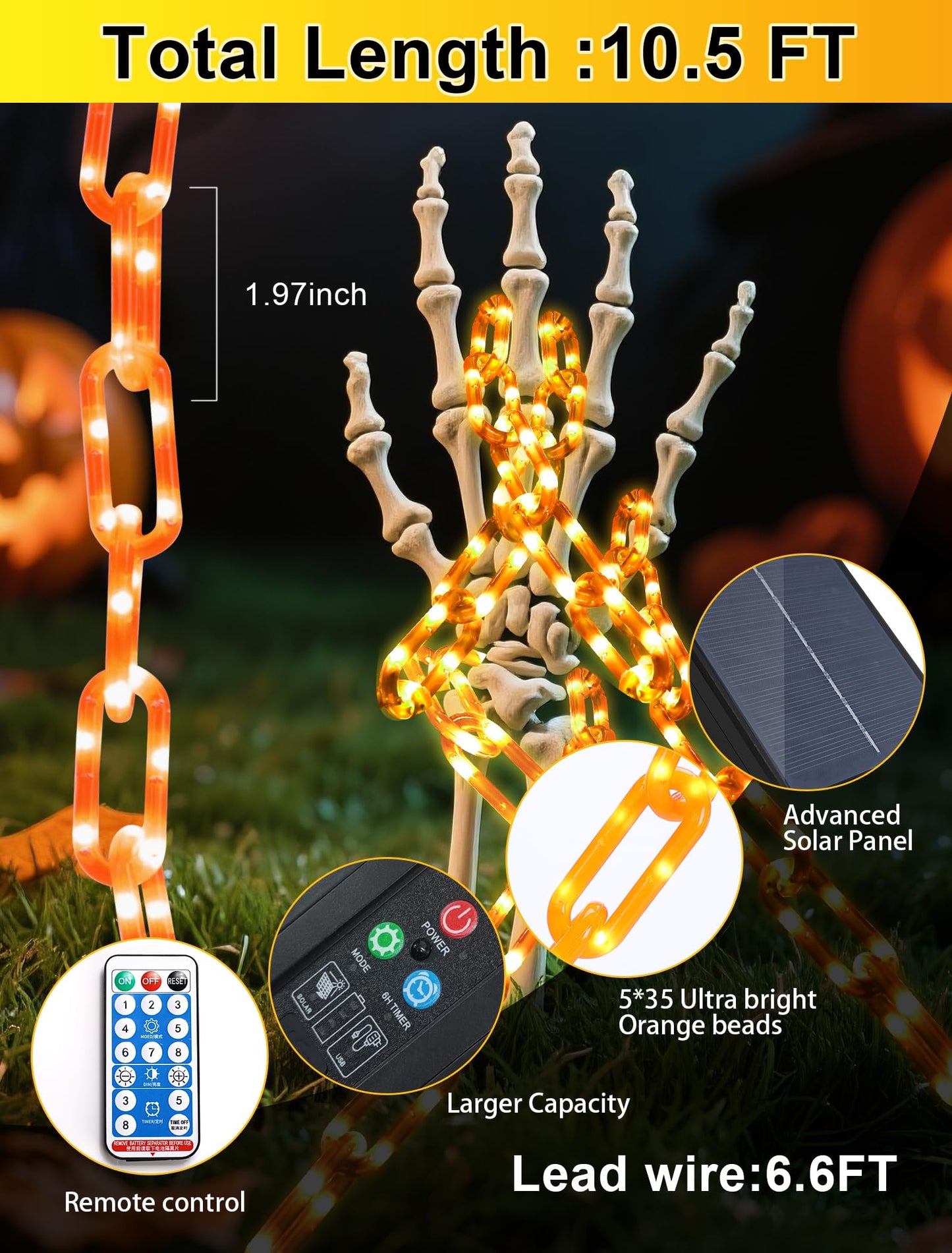 Solar Halloween Decoration String Lights,10.5 FT 175LED Orange Plastic Chain Light with Memory Timer,Waterproof Solar Halloween Light for Yard,Haunted House,Skeleton Dog, Porch,Costume,Spooky,Party
