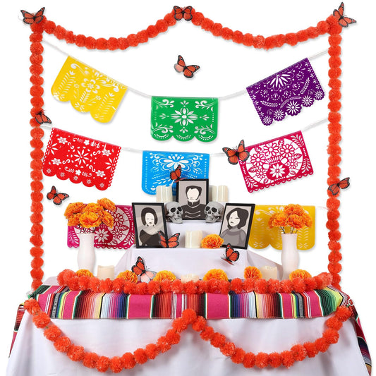 Thiccywoov 50 Pcs Dia De Los Muertos Ofrendas Altar Decorations, Day of the Dead Altar Decor Included Marigold Flower Garland Monarch Butterfly Skull Candle Frame Mexican Banner and Tablecloth