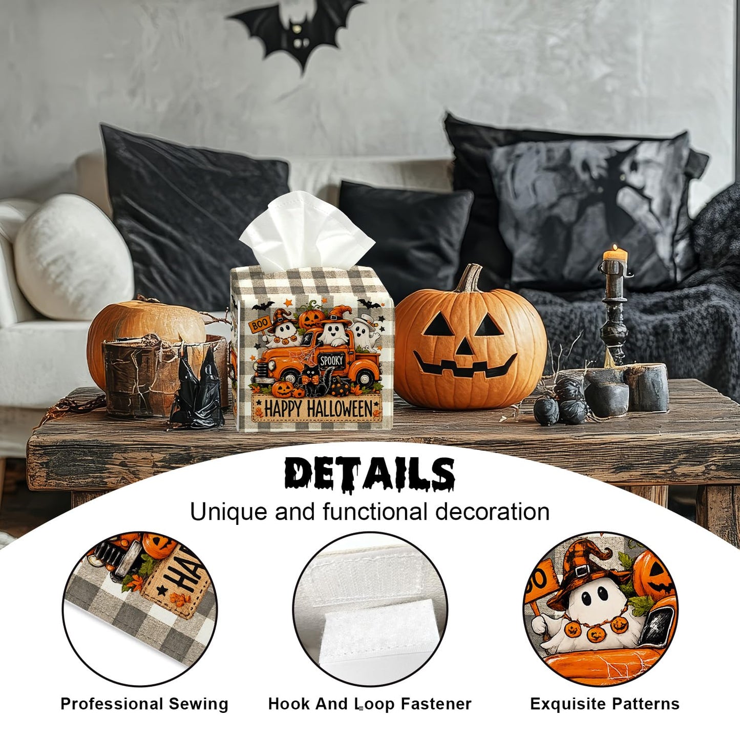 Halloween Tissue Box Cover Square, Ghost Pumpkin Decorative Tissue Box Holder Facial Paper Organizer Dispenser for Bathroom Kitchen Bedroom Countertop Nightstands, Halloween Party Decorations/001