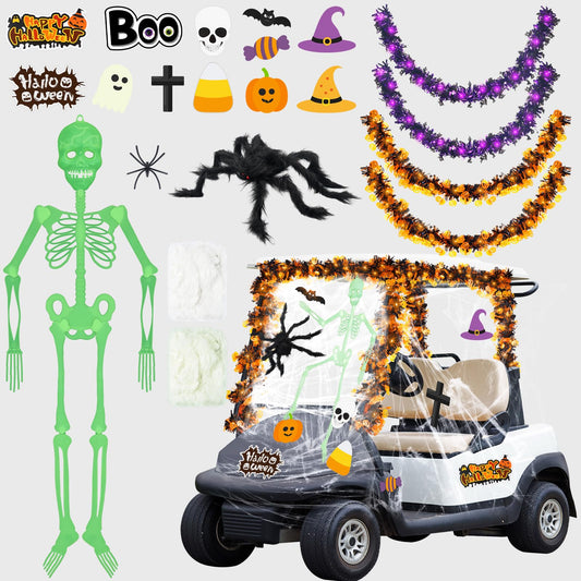 Suncalla Halloween Golf Cart Decoration Kit-Halloween Car Decorations-Skeleton Glow in Dark, Fake Spider Web, Spider, Purple Garland, Sticker for Trunk or Treat Parade Indoor Outdoor Golf Cart Party