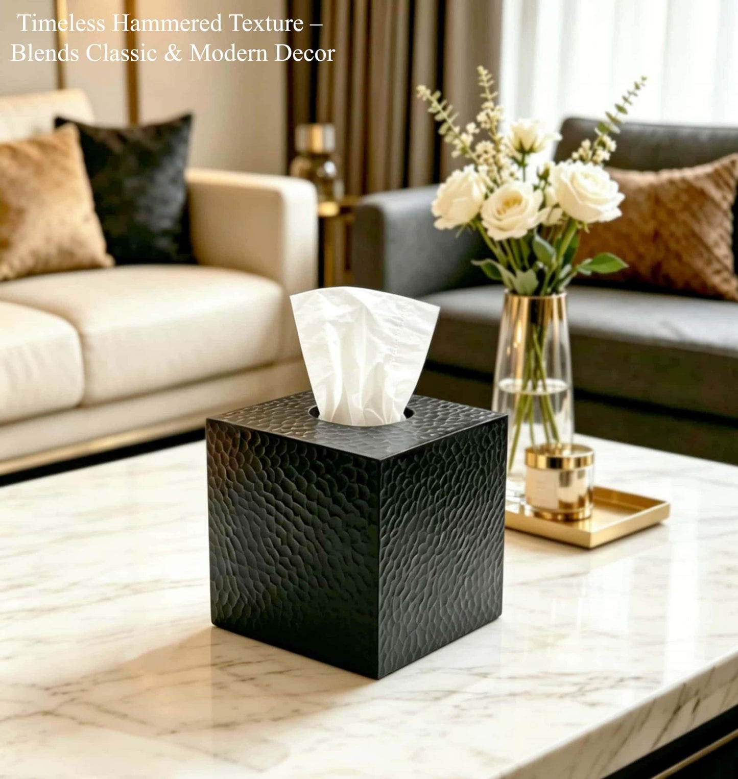 JWT Astyle Hammered Square Black Facial Tissue Box Cover Holder.Handcrafted Resin Kleenex Box Covers Cube with Open Bottom for Bathroom Livingroom Kitchen Office Home Decor Gifts
