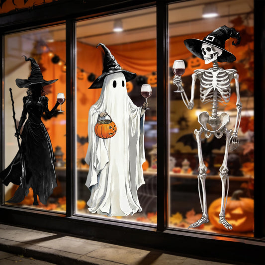 Whaline 3 Sheets Halloween Window Clings Scary Ghost Witch Skeleton Window Decal Spooky Reusable Anti-Collision Windows Decor for Holiday Home School Office Party Supplies