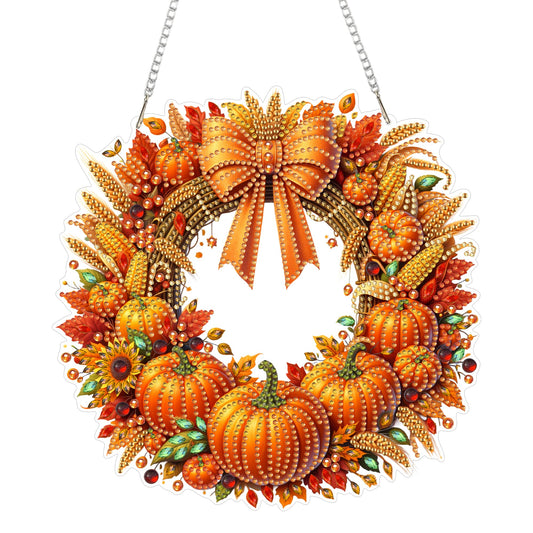 Eiflow Acrylic Diamond Art Hanging Kit for Adults Pumpkin Wreath, DIY Diamonds Painting Door Hanger Board Kit, Special Crystal Diamond Art Painting Pendant Ornament (Fall Wreath)