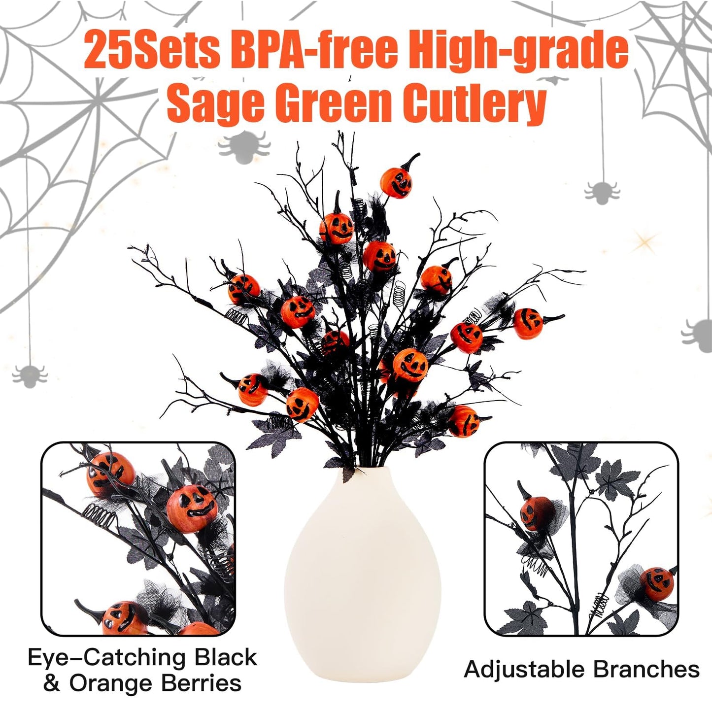 Sherika 5PCS Halloween Decorations Indoor, 19.5Inch Artificial Pumpkin Maple Leaf Floral Stems Halloween Branches Decoration, for Home Vase Arrangement Decor - Black.