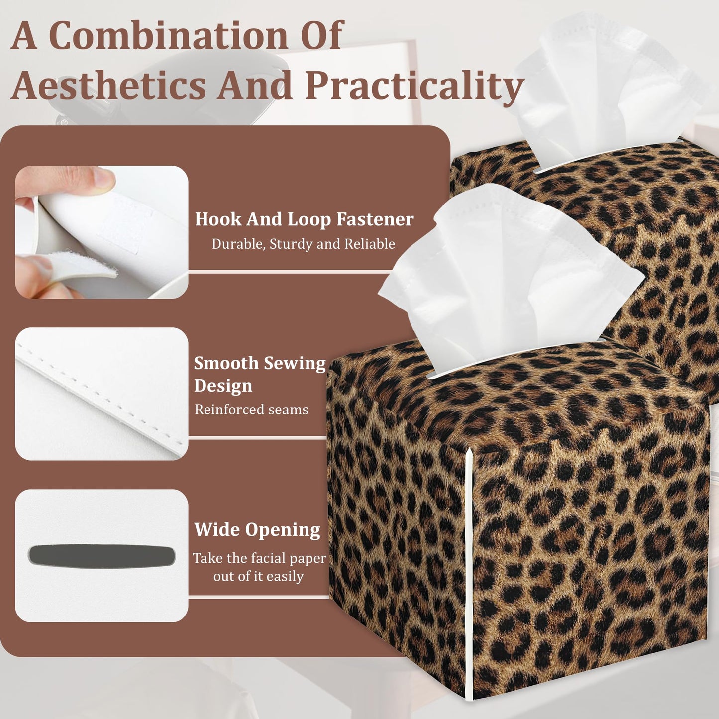 Leopard Prints Tissue Box Cover 2Pcs PU Leather Tissue Box Holder for Home, Square Tissue Holder for Harvest Autumn Season Halloween Thanksgiving Gift