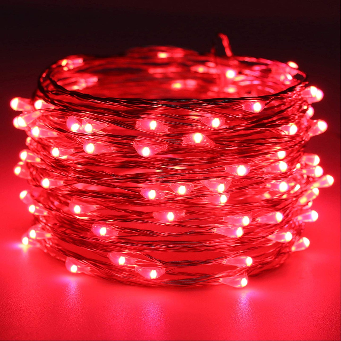 RUICHEN Dimmable Fairy String Lights Plug in 33 Ft 100 LED Silver Wire Firefly Lights with Remote, Red