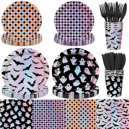 Yungyan 24 Set Summer Halloween Paper Plates and Napkins Cups with Forks and Knives Summer Halloween Disposable Dinnerware Set for Ghost Spooky Boo Birthday Shower Party Decoration(Laser)