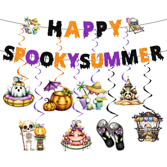 RUBOAOA Summerween Decorations, 10 Pcs Spooky Summer Halloween Decor with Banner Hanging Swirls, Cute Luau Beach Tropical Party Supplies for Indoor Home, Backyard, Patio, Pool and Summer Parties