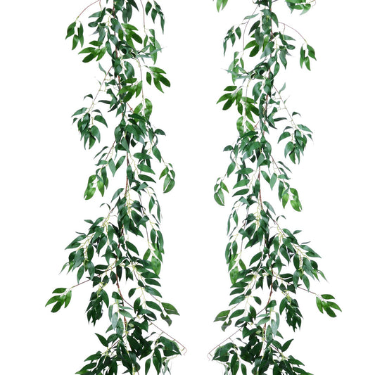 Artiflr 2 Pack Artificial Hanging Leaves Vines, 5.7 Ft Fake Willow Leaves Twigs Silk Plant Vines in Green for Indoor/Outdoor Wedding Decor