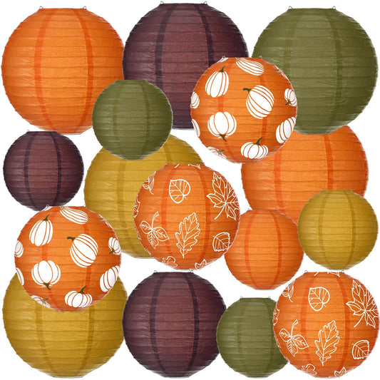 Bencailor 16 Pcs Thanksgiving Paper Lanterns Fall Party Paper Lanterns Dark Orange Pumpkin Round Thankful Maple Leaves Hanging Party Decorations for Autumn Harvest Outdoor Decor